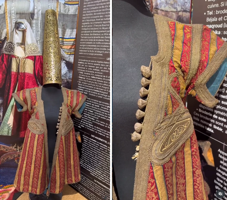 Une ghlila quasiment identique exposée au pavillon algérien à l'UNESCO, avec des panneaux retraçant l'histoire et les techniques de broderie traditionnelles.