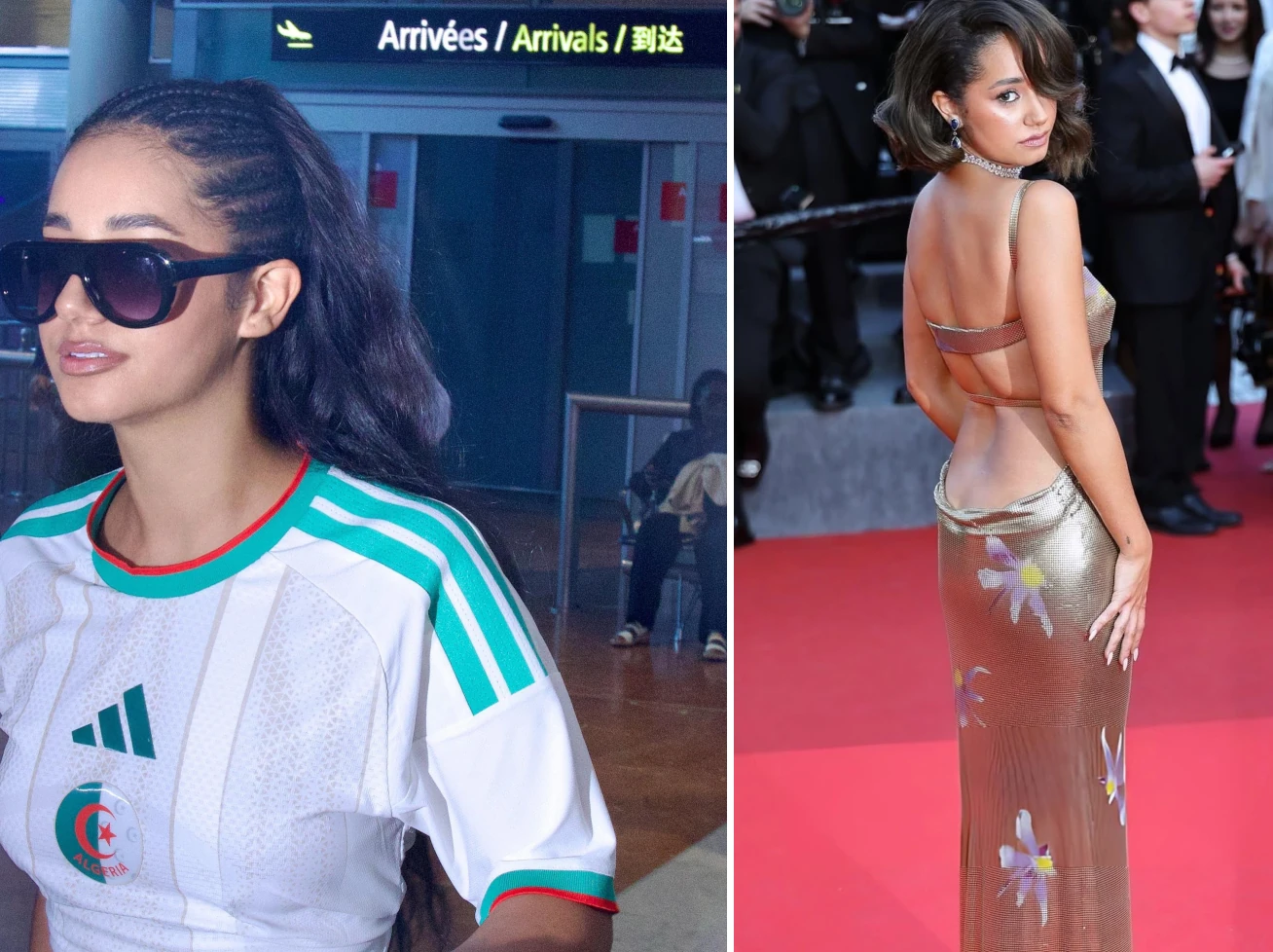 Léna Makhfouf à Cannes 2026 : arrivée à l'aéroport en maillot algérien (blanc, vert, croissant-étoile), lunettes noires. À la clôture du festival, elle défile en robe Versace d'archives 1999 : maille dorée scintillante avec motifs floraux, dos nu. Contraste saisissant entre l'esprit sportif algérien et le glamour hollywoodien.