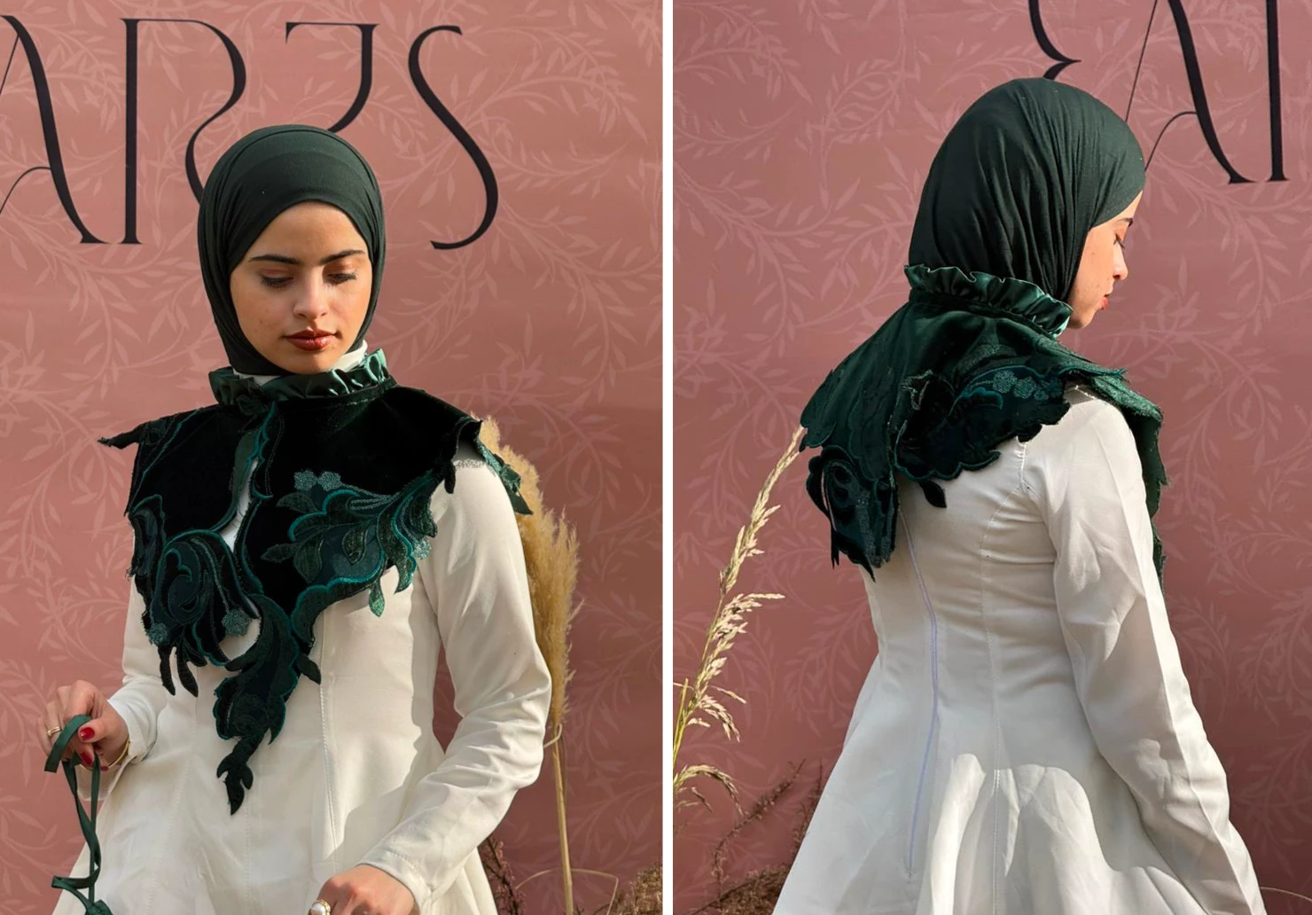 Le col-jabot émeraude végétal de Chaima Sahnoun : Quand la mode modeste s'habille de poésie