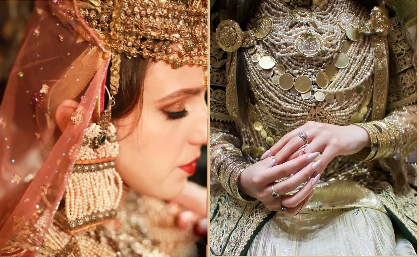 À droite : Détail du caftan avec ses multiples rangées de perles djouhar formant la parure emblématique de la Chedda tlemcénienne. À gauche : les khorsa encadrent le visage