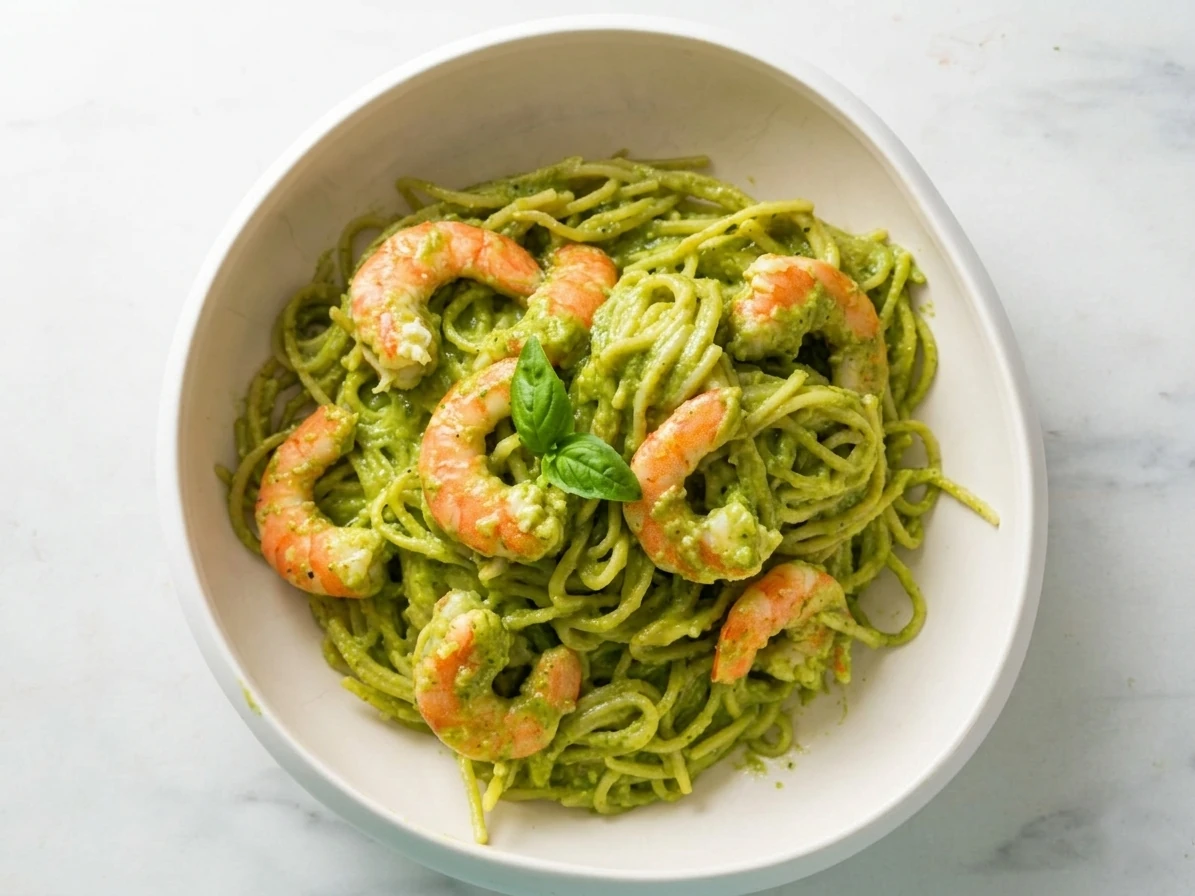 Pâtes aux crevettes et pesto aux épinards