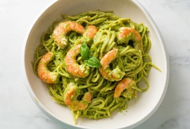 Pâtes aux crevettes et pesto aux épinards